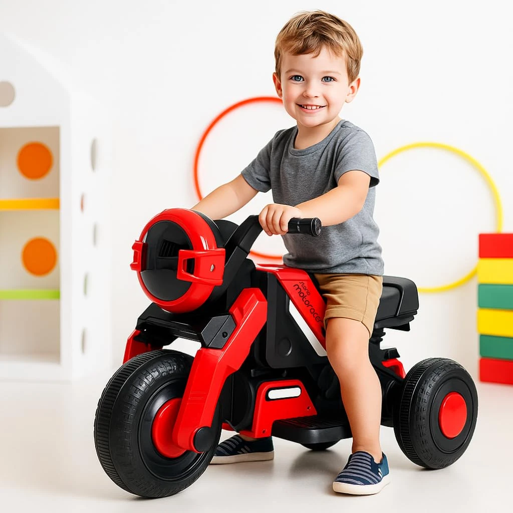 Storio Red Battery Ride-on Bike for Kids – Electric Motorcycle with Support Whee