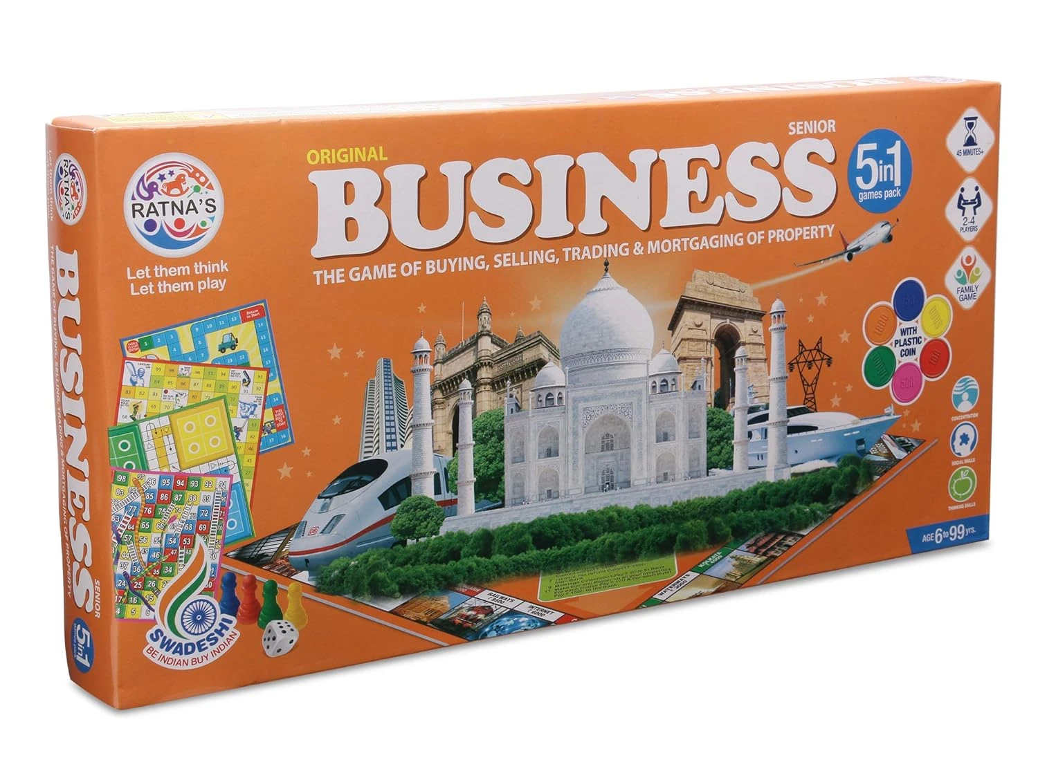 Ratna's 5 in 1 Business Senior Coin Game - Family Board Game with Plastic Coins
