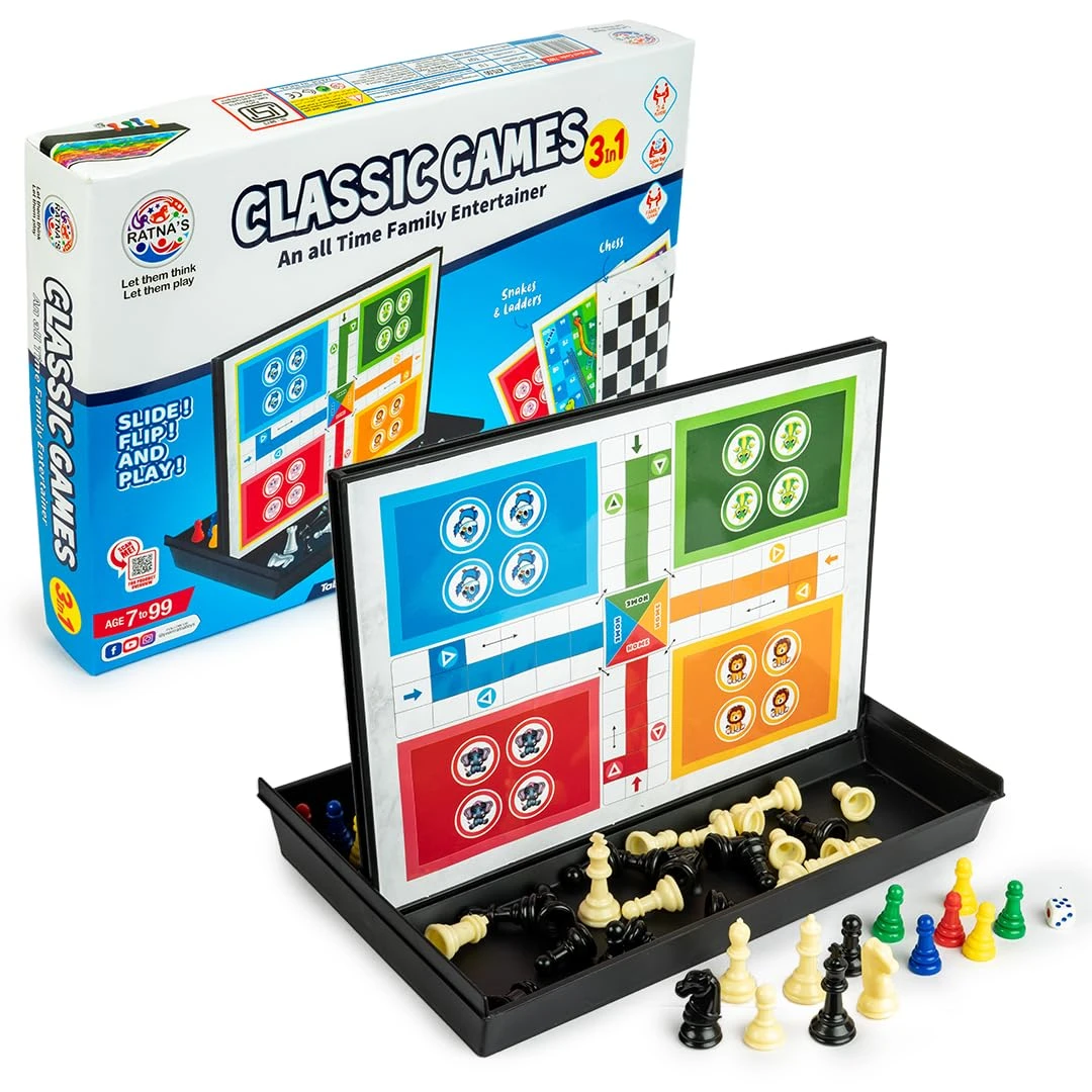 Ratna's Classic Games 3 in 1 Family Entertainer Table Top Board Games with Chess