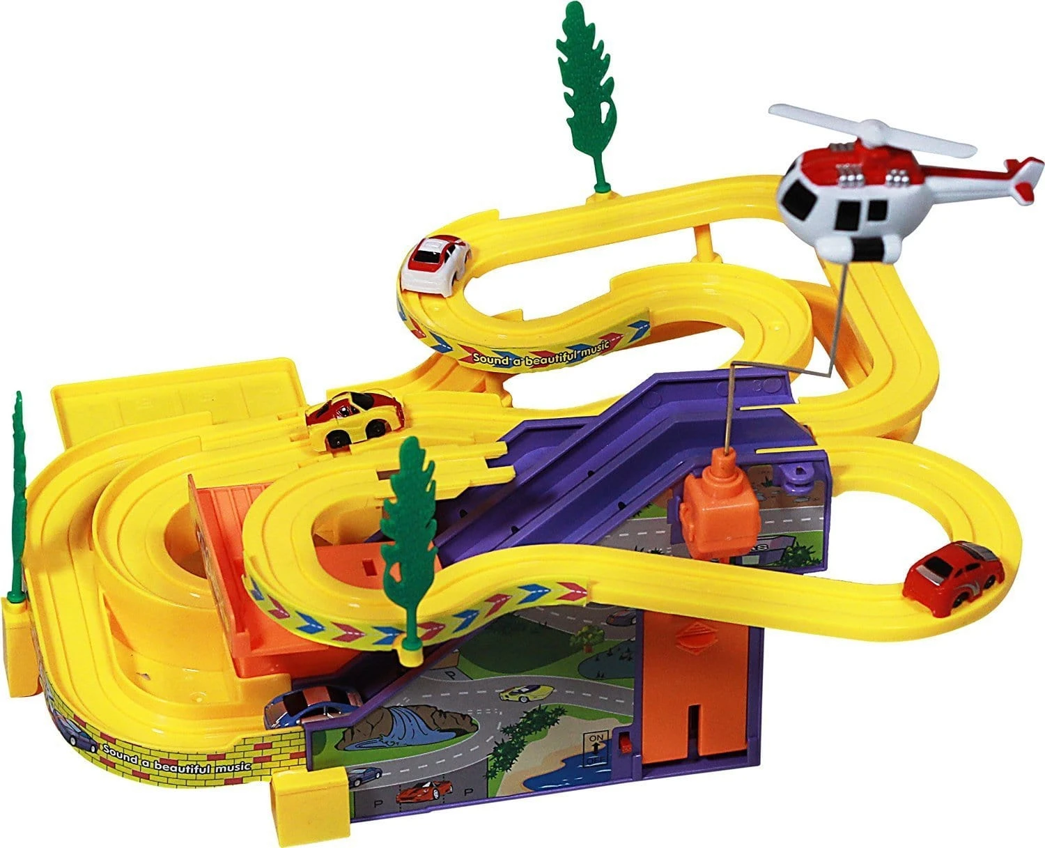Toyshine Track Racer Racing Car Set with 4 Miniature Cars Rotating Helicopter To