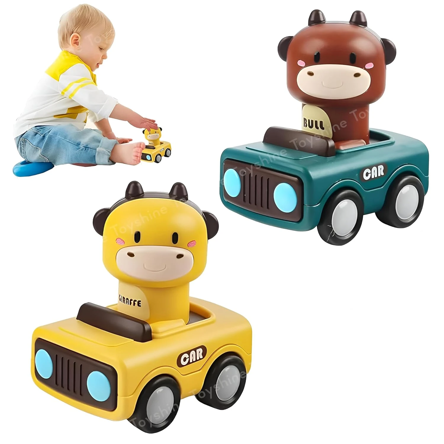 Toyshine 2Pc Friction Powered Press & Go Animal Face Racing Cars Fun Early Learn