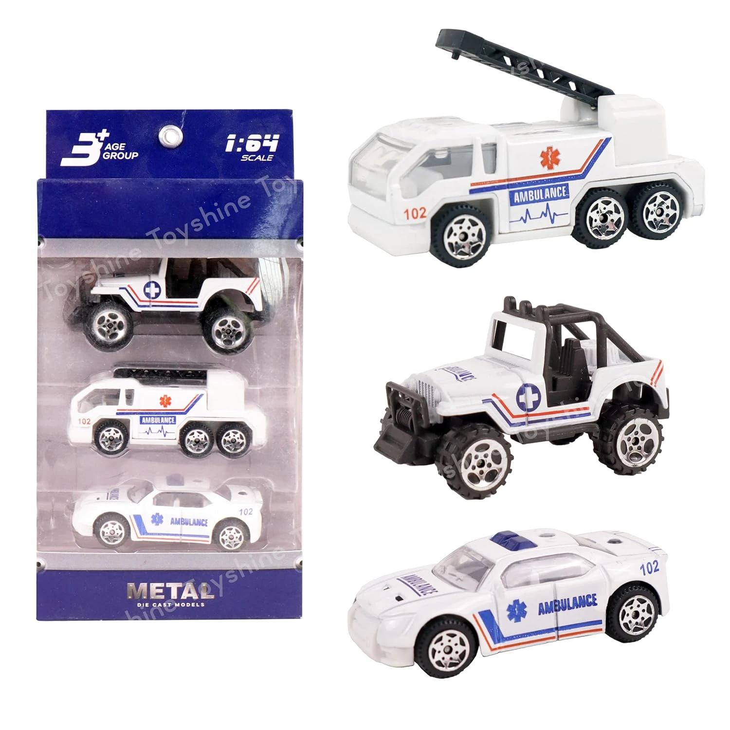 Toyshine Pack of 3 Die Cast Ambulance Vehicle Free Wheel Car Toy Play Set Small 