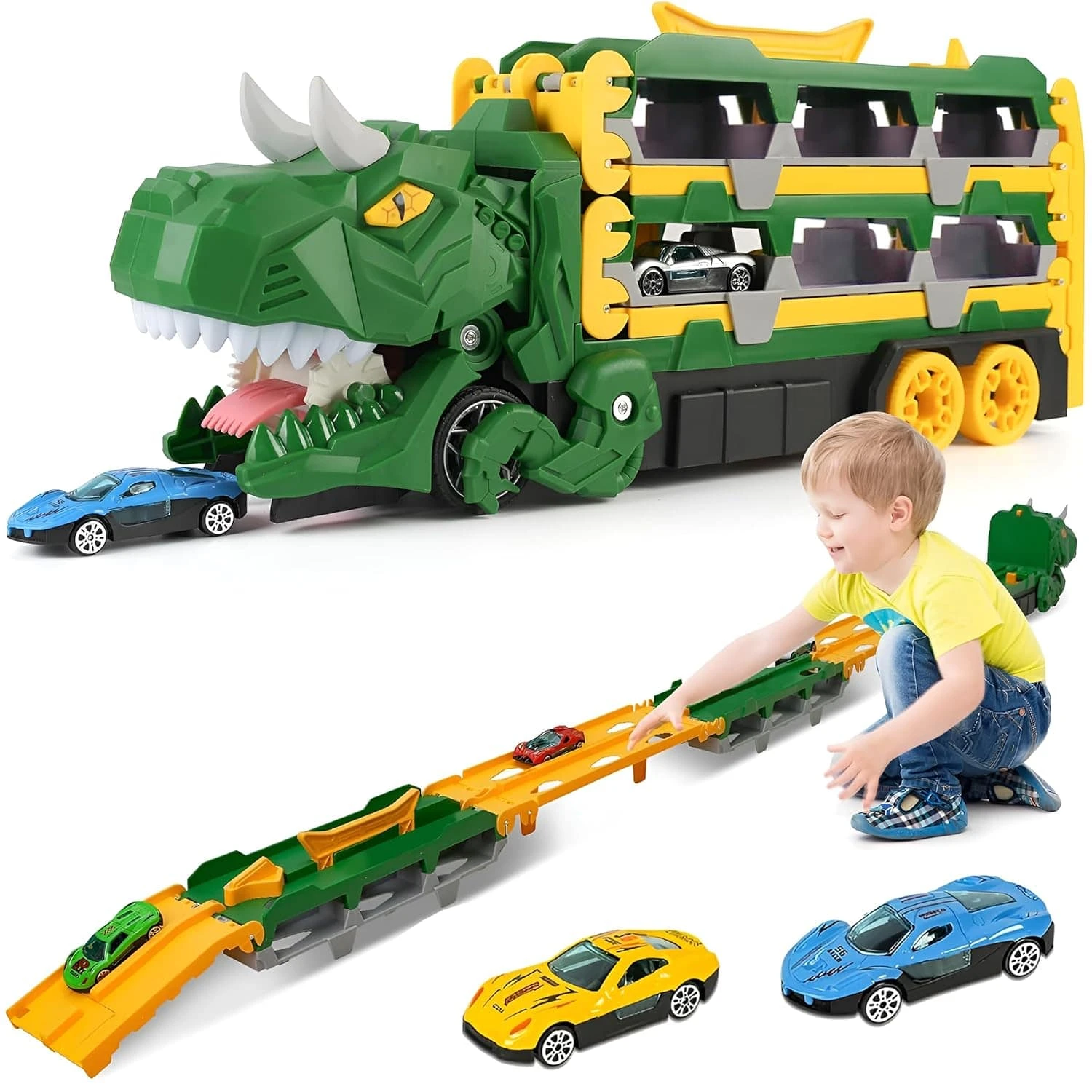 Toyshine Big Hauler Storage & Deform Dinosaur Transport Truck Toy with 2 Foldabl