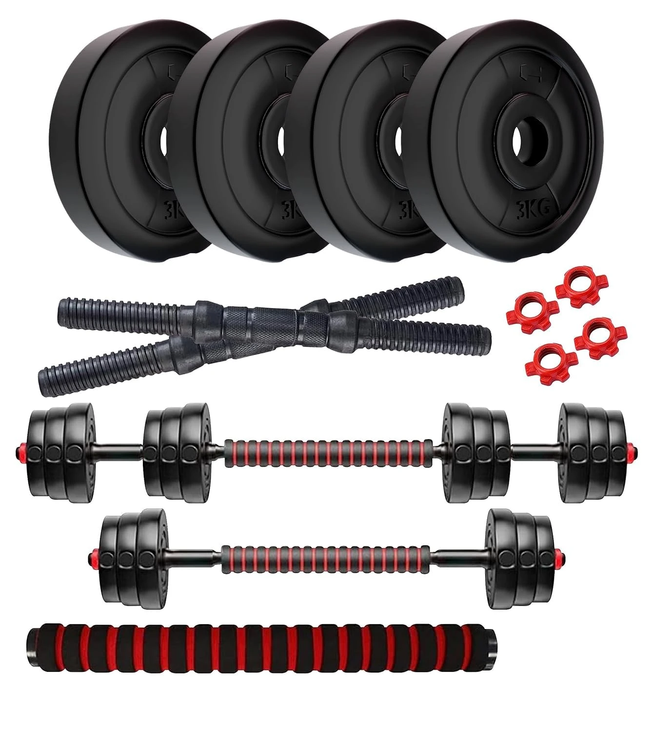 Amazon Brand - Symactive PVC 12 Kg 3-in-1 Convertible Dumbbells Fitness Kit for 