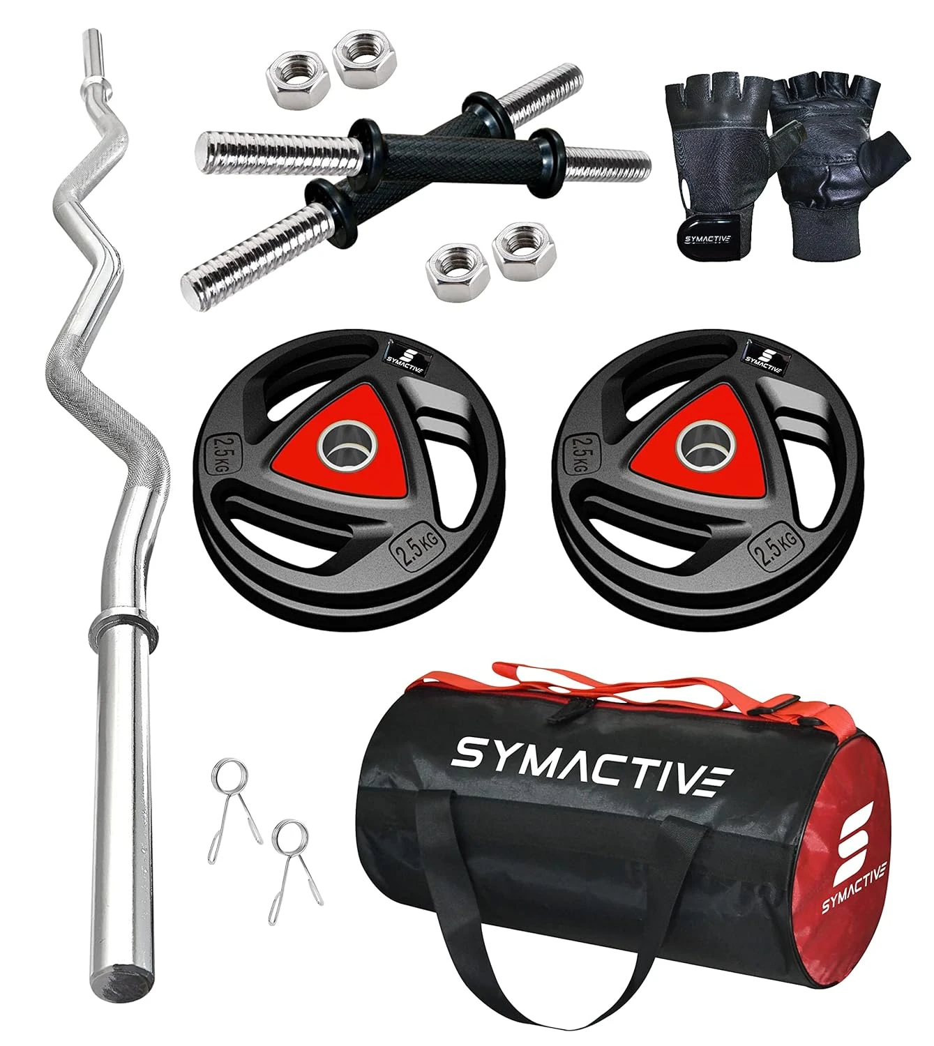 Professional Home Gym Set with Rubber Coated Metal Plates, Gloves and Gym Bag, 1