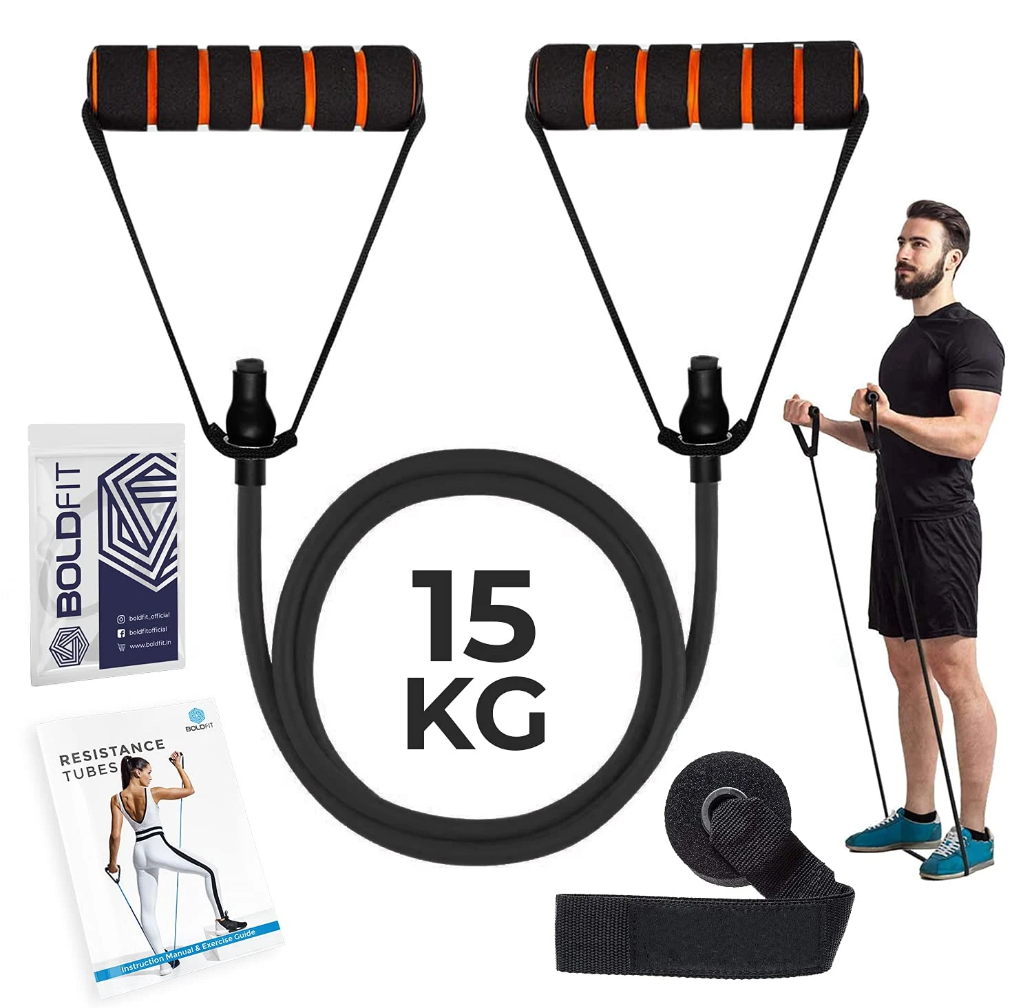 Boldfit Resistance Tube with Foam Handles, Door Anchor for Exercise & Stretching