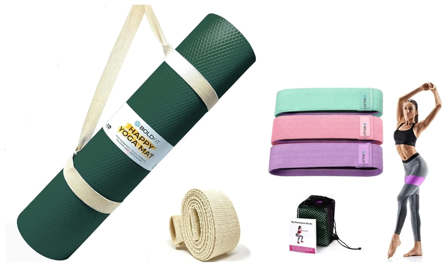 Boldfit Fabric Resistance Band - Loop Hip Band (Set of 3) & Boldfit Yoga Mats