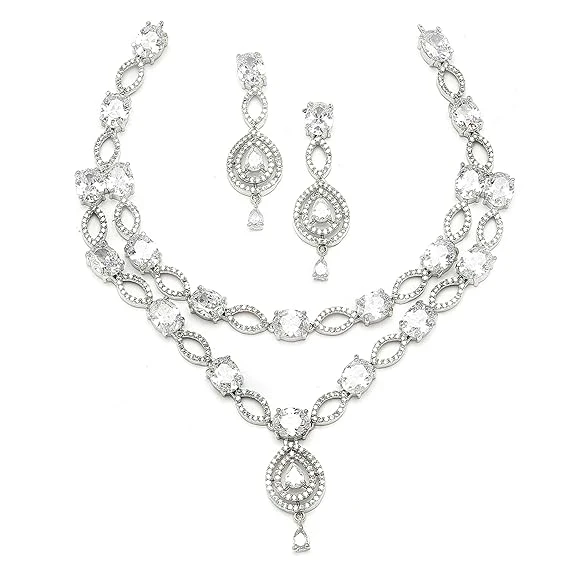 ZENEME Rhodium-Plated American Diamond Studded Abstract Necklace With Earrings J