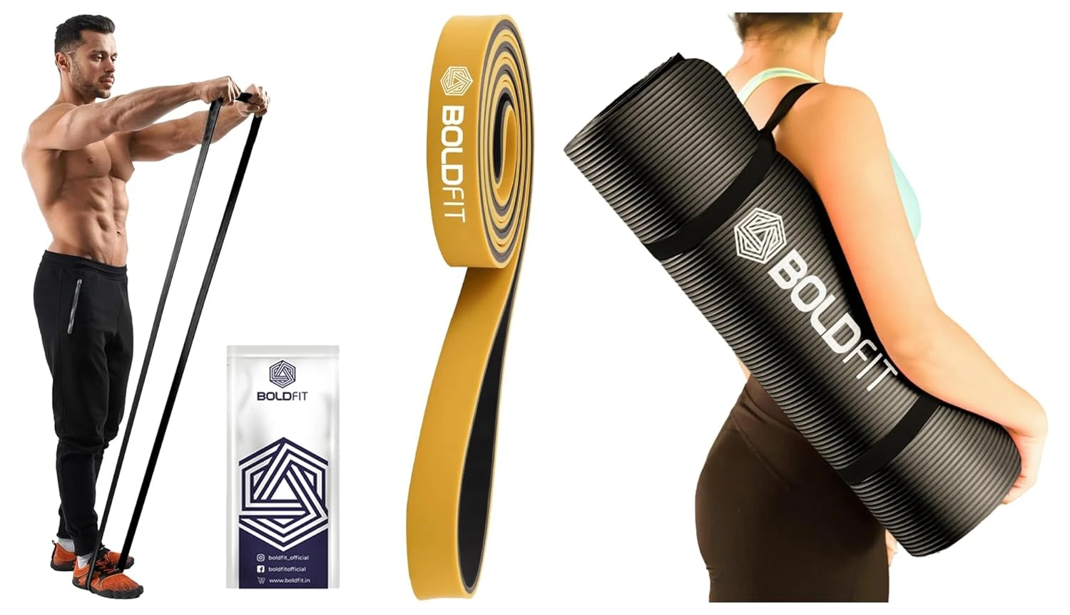 Boldfit Yoga Mats - Black & Boldfit Resistance Bands for Workout - Yellow (15-30