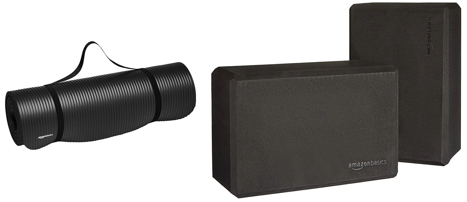AmazonBasics 13mm Extra Thick Yoga and Exercise Mat with Carrying Strap, Black &