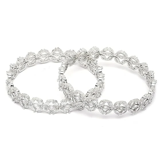 ZENEME Rhodium-Plated Silver Toned White Floral American Diamond studded Bangles