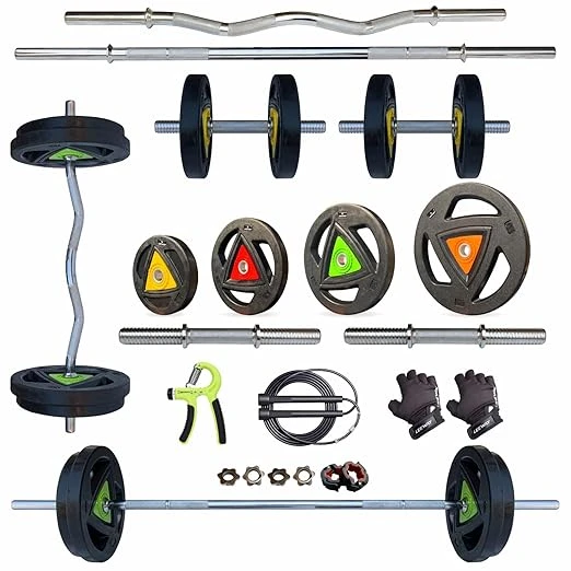 Leeway Metal Integrated Rubber Coated Weight Plate 50 Kg Home Gym Set,3Ft Curl (