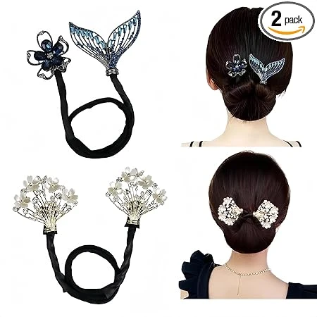 MAKABEE Rhinestone Flower Hair Clip,Lazy Hair Curler Deft Bun Maker,French 2pcs 