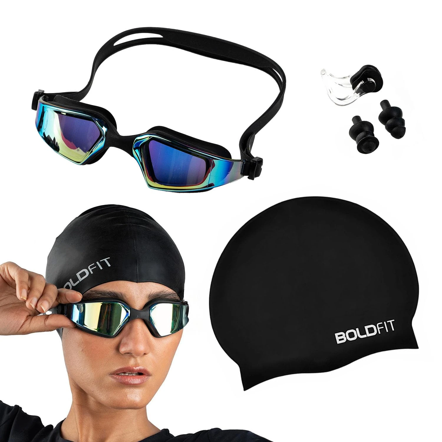Boldfit Swimming Cap Goggles with Ear & Nose Plug Set
