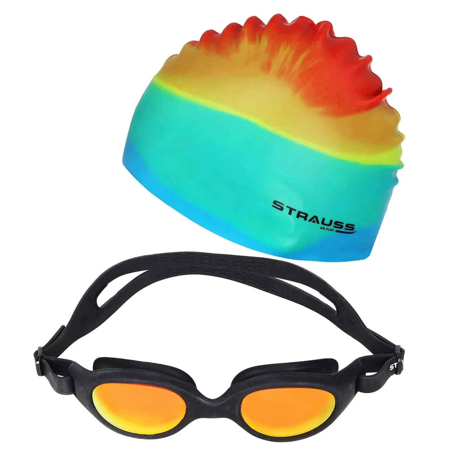 STRAUSS Rubber Swimming Set with UV and Anti Fog Protection Goggles, Swim Cap, E