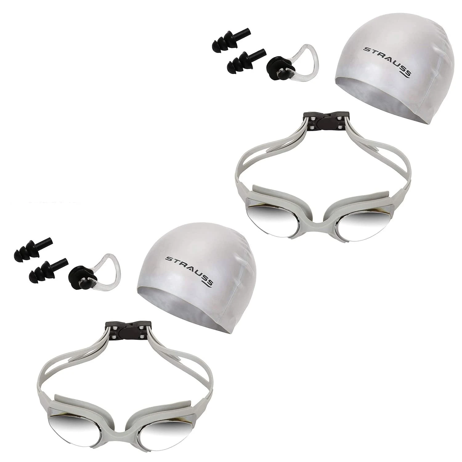 STRAUSS Swimming Kit (Silicone Cap|Swimming Goggle|Earplugs|Noseplug) (Grey) (Pa