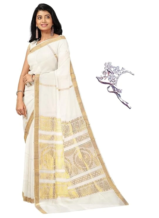 NandaVanam Women's Kerala Cotton Saree | Onam Cotton Kasavu Sarees | Kasavu Sare