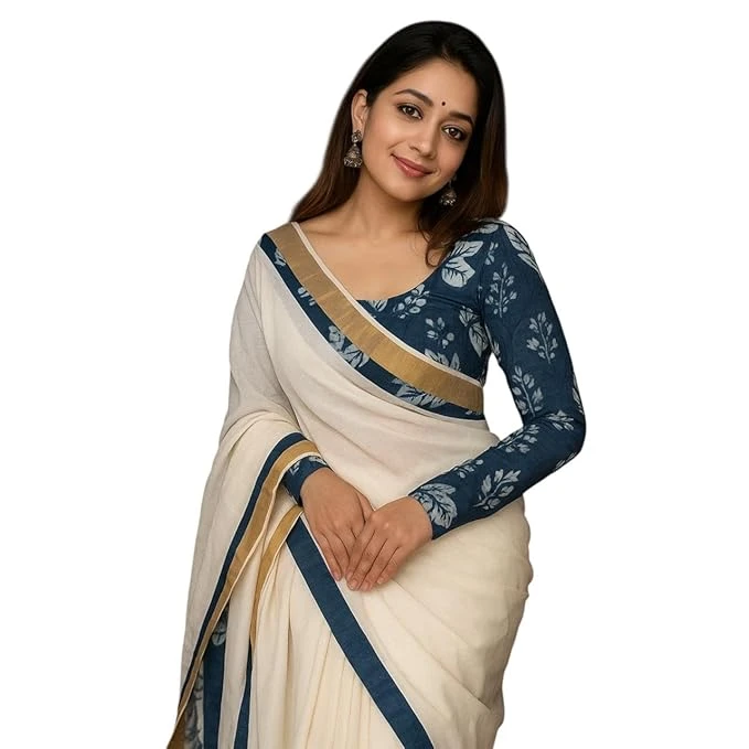 Levitate Saurika Women's Onam Special Saree | Blue Printed Kerala Kasavu Saree w