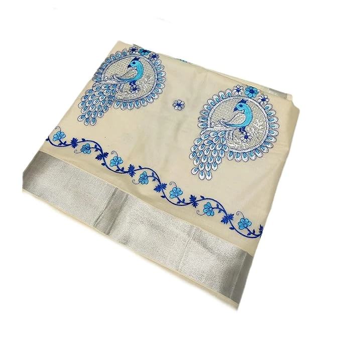 Kerala Cotton Onam Saree with Peacock Embroidery | Cotton Saree with Silver Bord