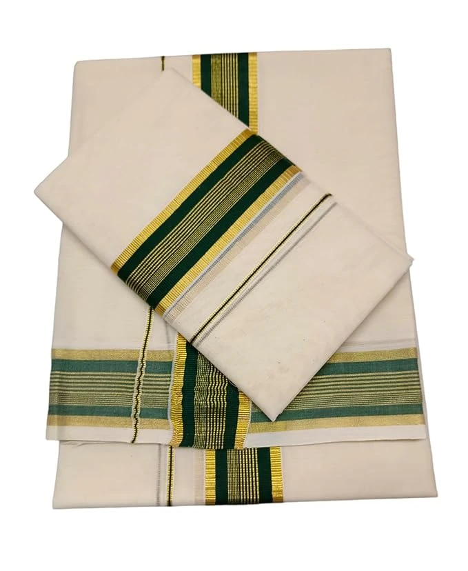 ZH Clothing Brand Women's Traditional Kerala Onam Saree | Linen Cotton Off- Whit