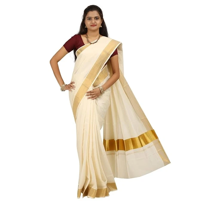 MAT Kuthampully Kerela Onam Wear Kasavu Kattikara Floura Jari Woven Cotton Set M