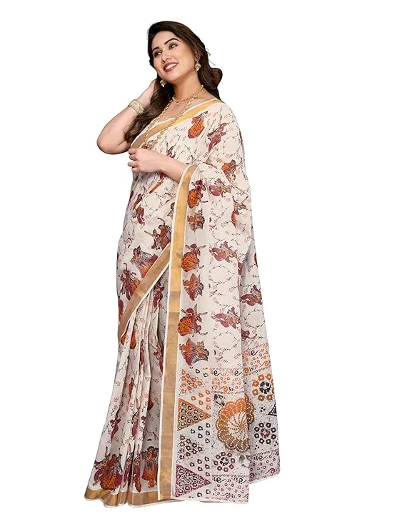 KERALA KASAVU KALAMKARI COTTON SAREE WITH ZARI BORDER