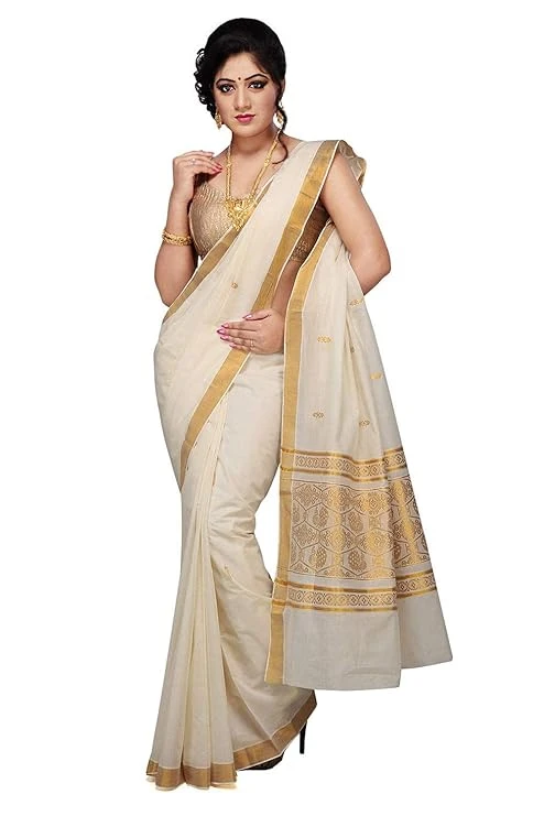 R SELVAMANI TEX Women's Selvamani Tex Cotton Kerala Kasavu Zari Saree With Blous