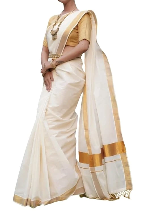 Kerala Kasavu Cotton Saree with Golden and Silver Border, Traditional White Onam