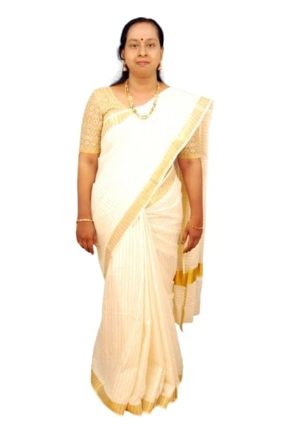 Vehue Kerala Kasavu Saree for Women - Traditional Off White Cotton with Golden V