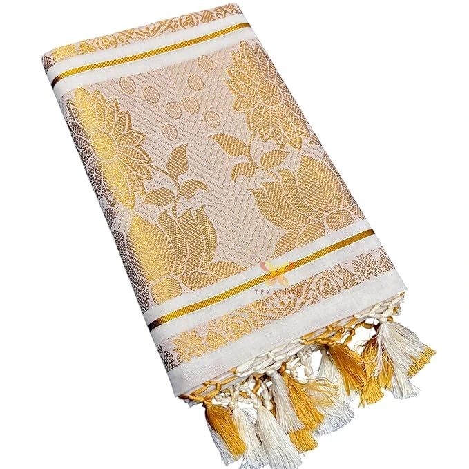 TEXATION Women's Kerala Kasavu 100% Cotton Saree With Small Rich Pallu and Runni