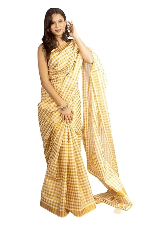 TEXATION Onam Women's Kerala Kasavu Golden Colour Tissue Checked Type Saree With