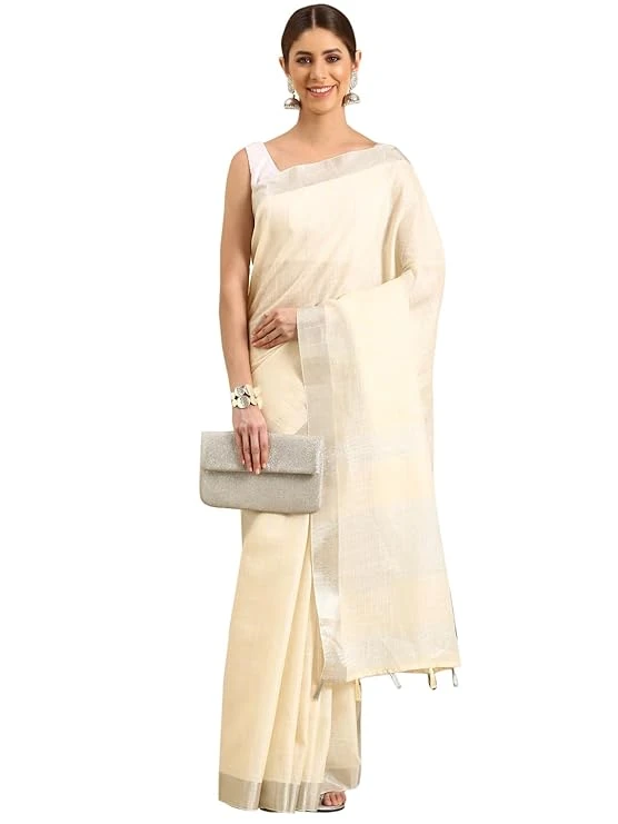 Rekha Maniyar women's pure linen lurex zari woven saree with fancy tassels (R_FA