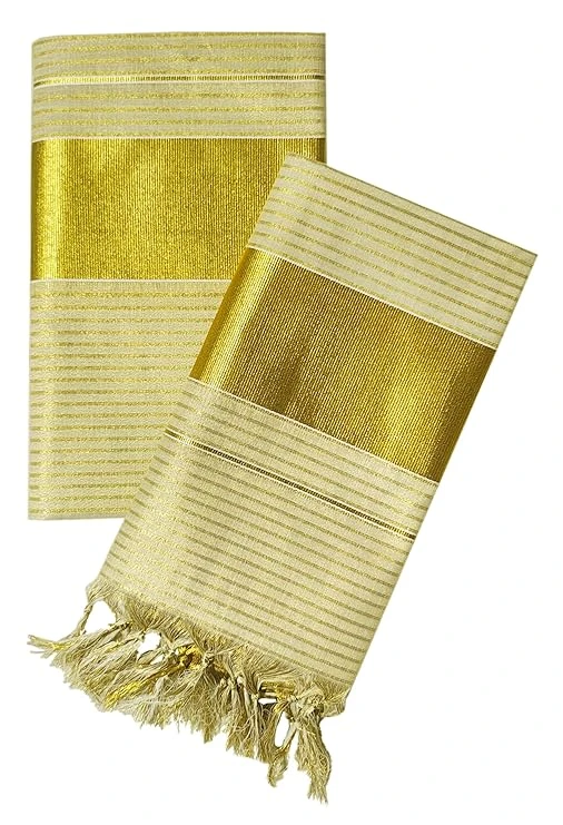YETTALAN® Women's Kerala Traditional Flora Tissue Kasavu Set Mundu With Tassels 