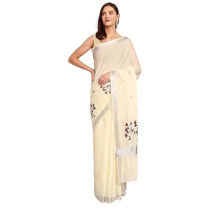 JISB Cotton Blend Silver Zari Kerala Kasavu Saree