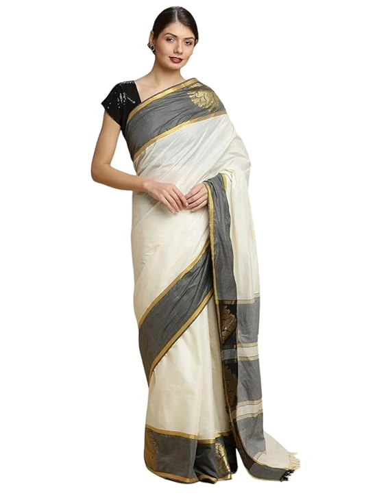 TEXATION Onam Special Women's Kerala Kasavu Cotton Saree With Rich Pallu and Run
