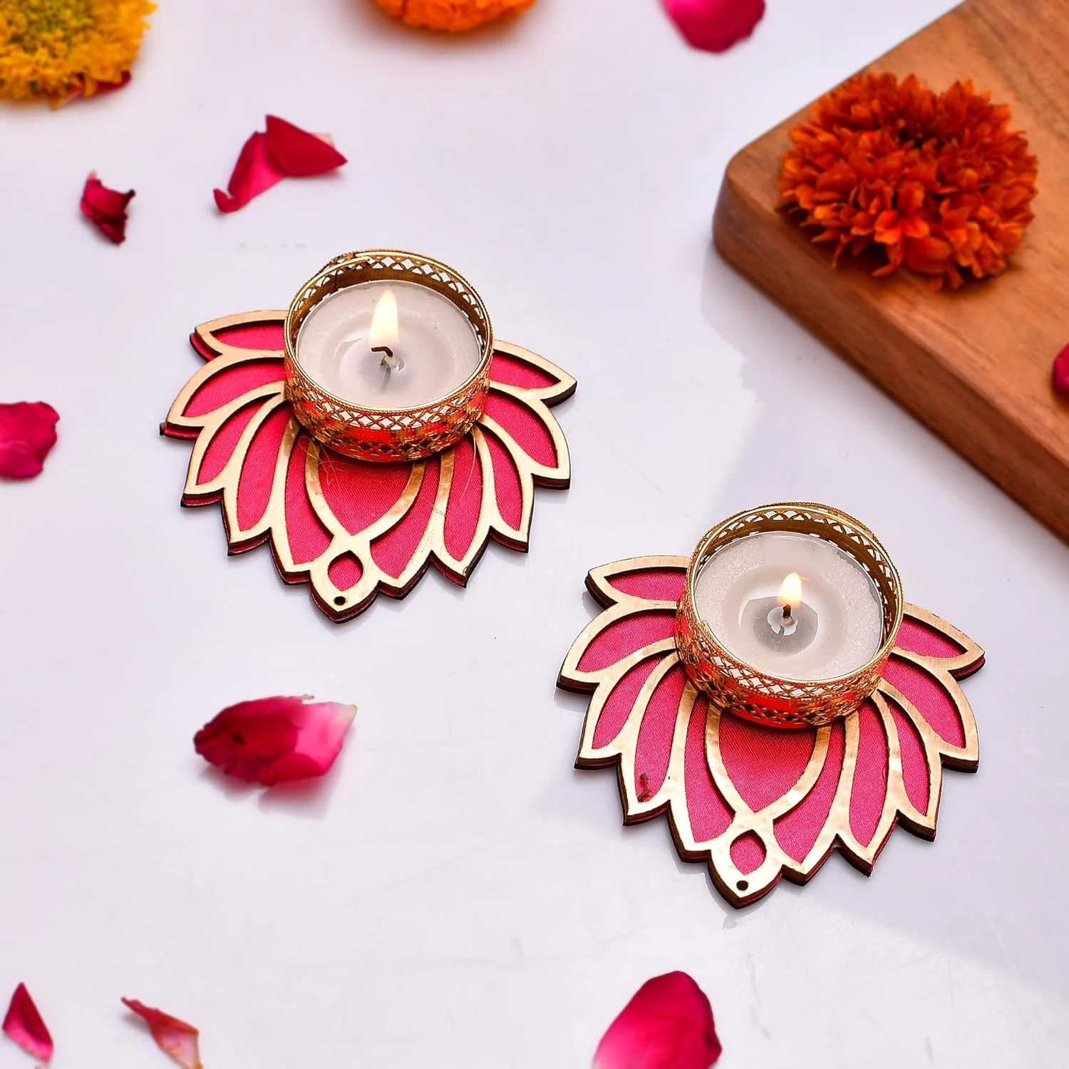 CraftVatika Handmade Lotus Tealight Candle Holder Set of 2 for Diwali Home Navra