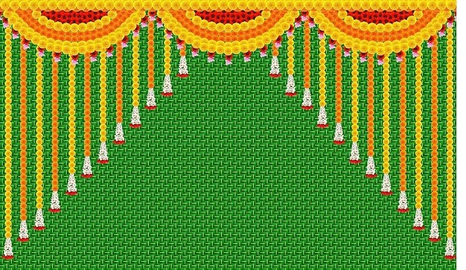 Backdropon Hanging Marigold Flower & Weaved Coconut Leaf(Kobbariaaku) Design Bac