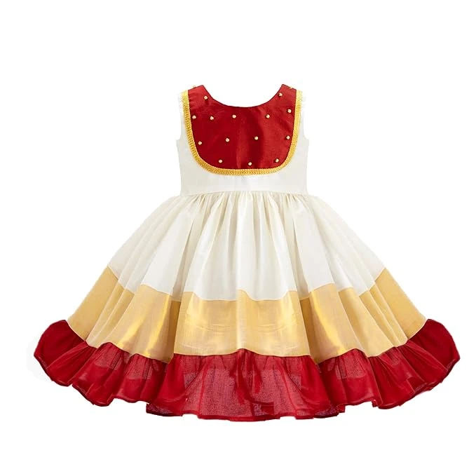 Stanwells Kids Traditional Kerala Frock for Baby Girls – Cream & Pink Embroidere