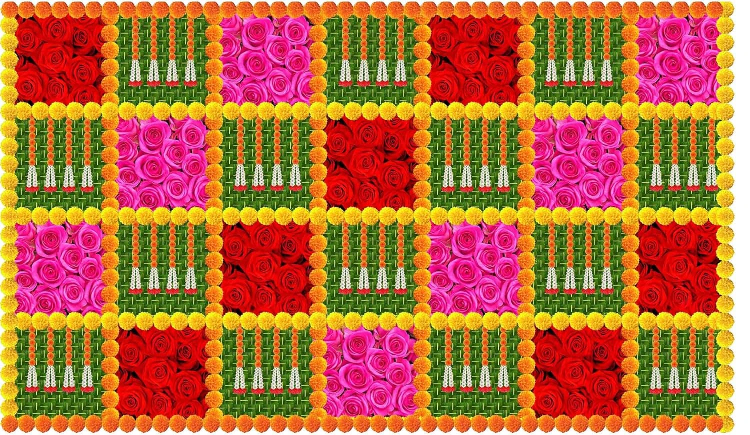 Backdropon Weaved Coconut Leaf with Marigold and Rose Flower Design Backdrop Clo