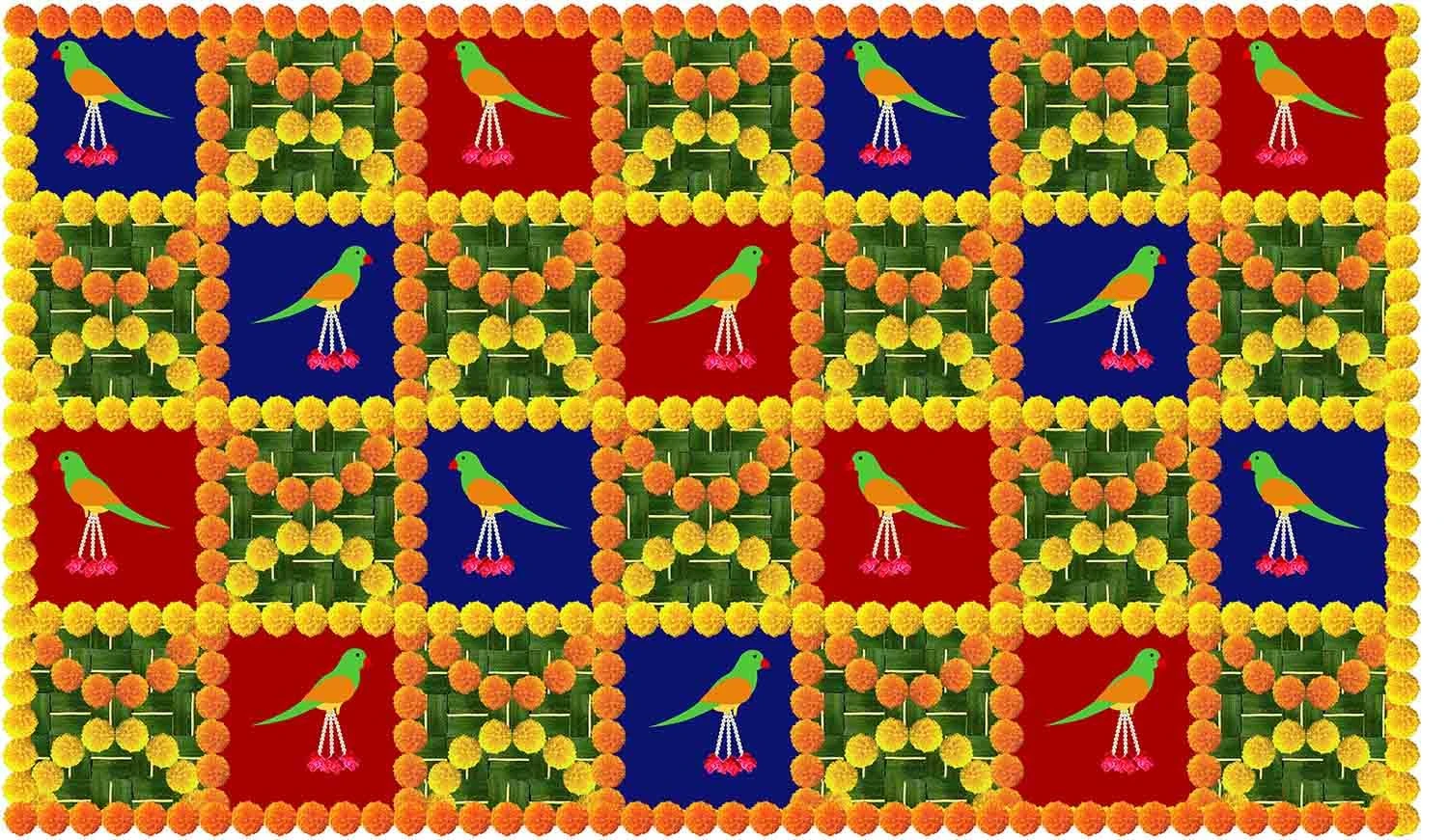 ackdropon Marigold Flower & Weaved Coconut Leaf with Parrot Design Backdrop Clot