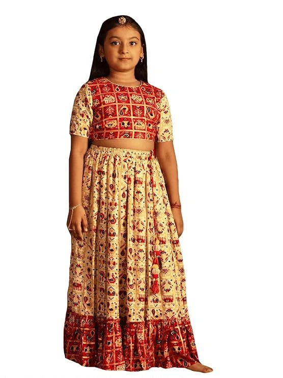VASTRAMAY Girls Rayon Patola Print Lehenga Set for Janmashtami - Digital Print F