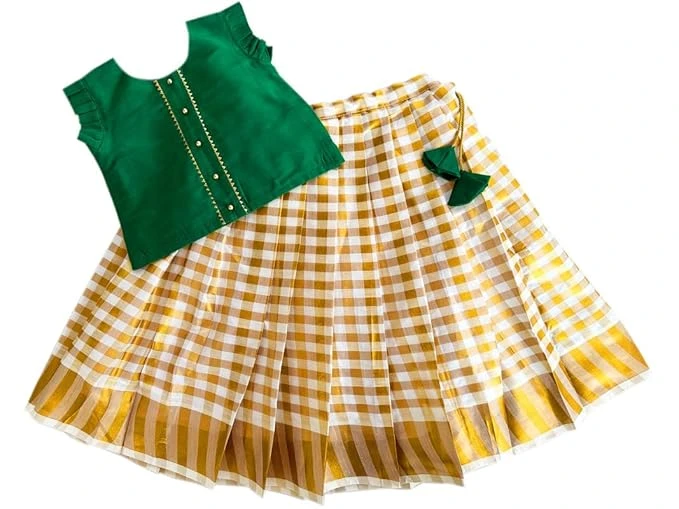 Stanwells Kids Kerala Kasavu Polka Brocade Silk Baby Girls Floral Embroidery Leh