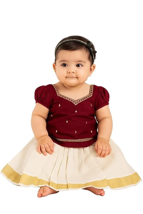 Kids Kerala Style pattu pavadai | kerala white & Dark Maroon Traditional Pattu P