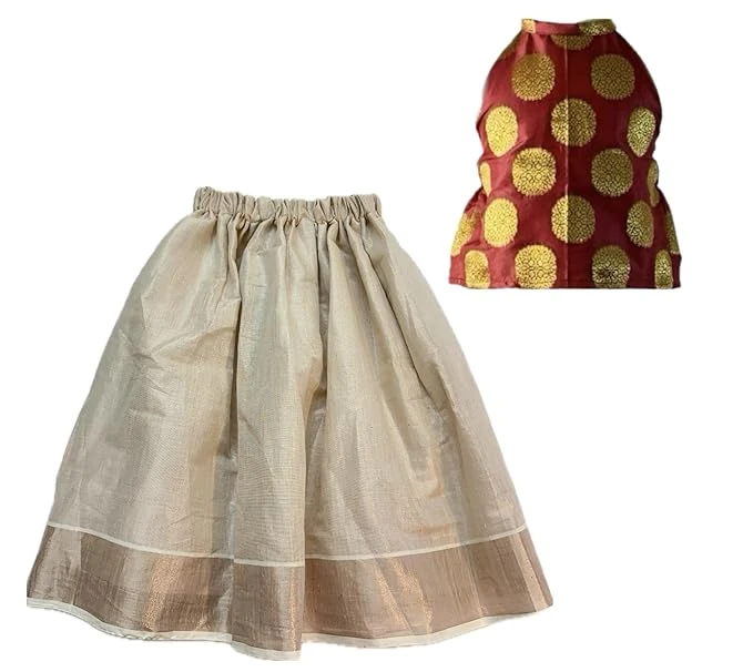 meerasatrium Skirt Top onam Kerala Cotton, Silk,Red Girls tee length pattupavada