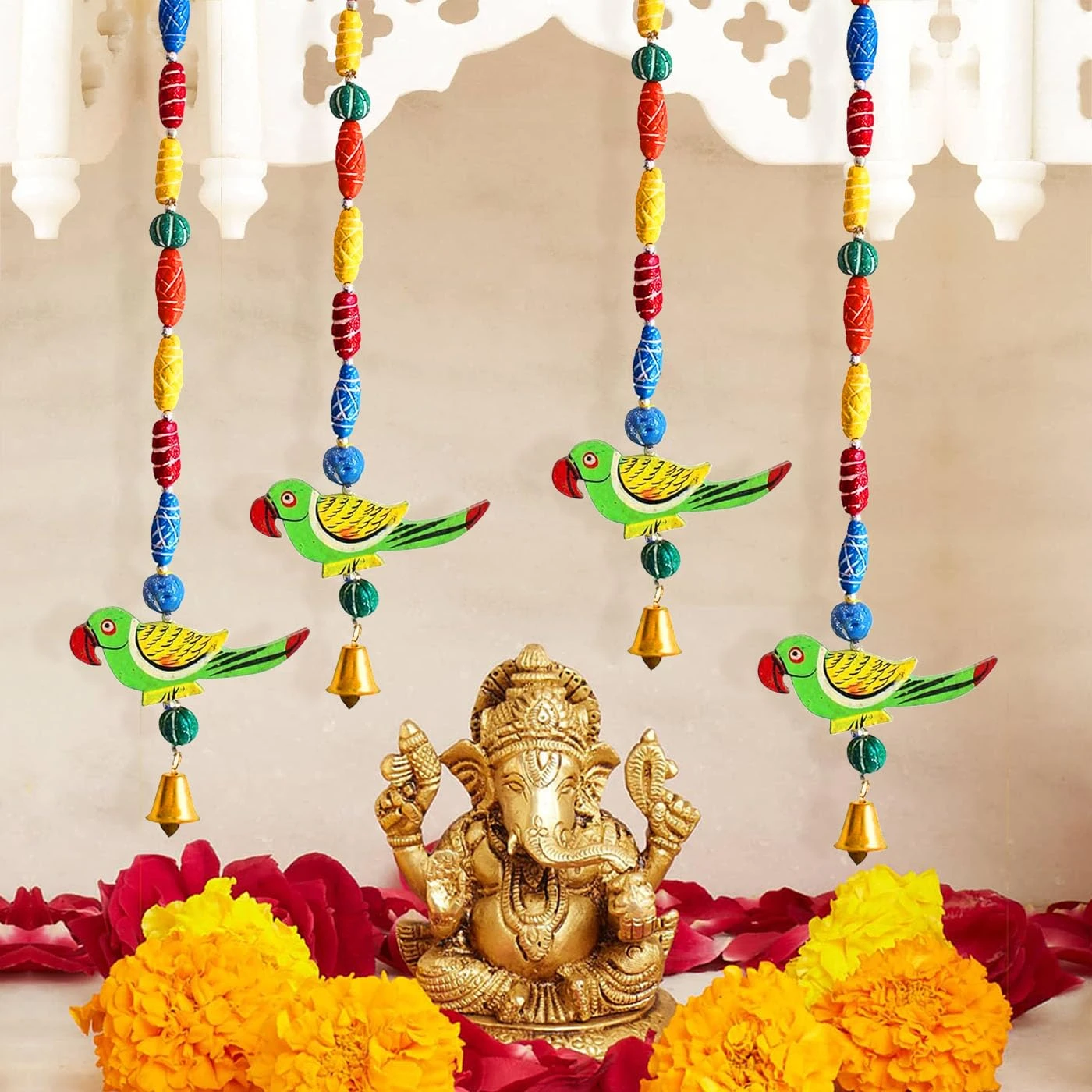 TIED RIBBONS Pack of 4 Wall Hangings for Decor Toran Parrot Latkans with Bells W