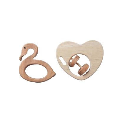 Opa Toys Wooden Crane Teether & Heart Rattle for Babies – 2 Pieces