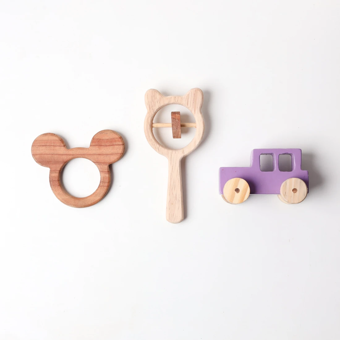 Opa Toys Wooden Mickey Mouse Teether, Bear Rattle & Racing Violet Jeep Toy for B