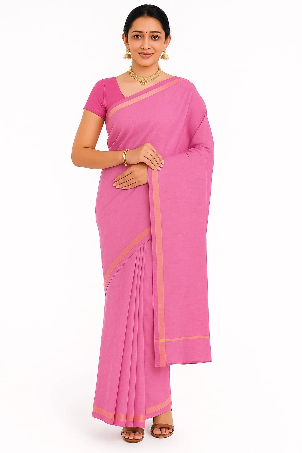 Elegant Combo of Plain Pink & Designer Green Cotton Sarees