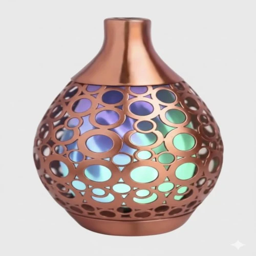 Modern Decorative Vase, Rose Gold Metal, 45x20 cm, Circular Cut-Out Design with