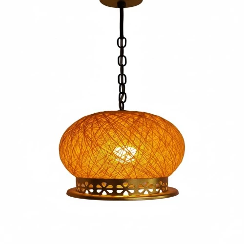 Vintage Pendant Light with Woven Spherical Shade with Gold Colour Metal Chain, D